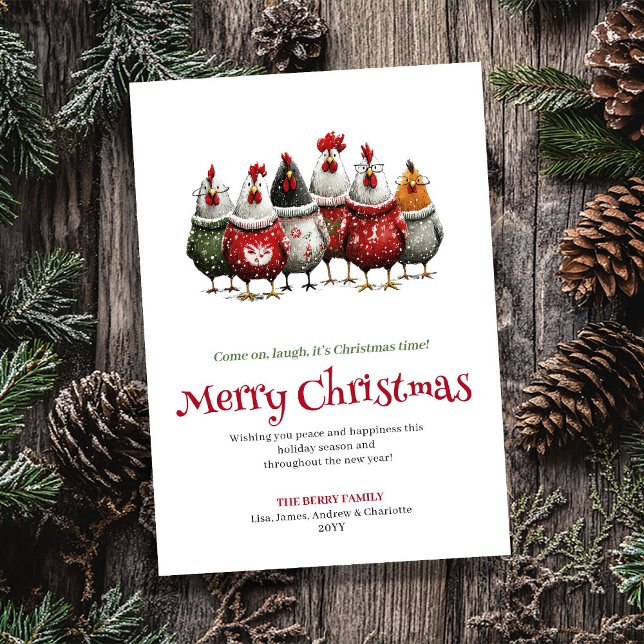 Tarjeta de Felicitación de Navidad de Gallinas Cap (Modern Whimsical Chickens Christmas Greeting Card)