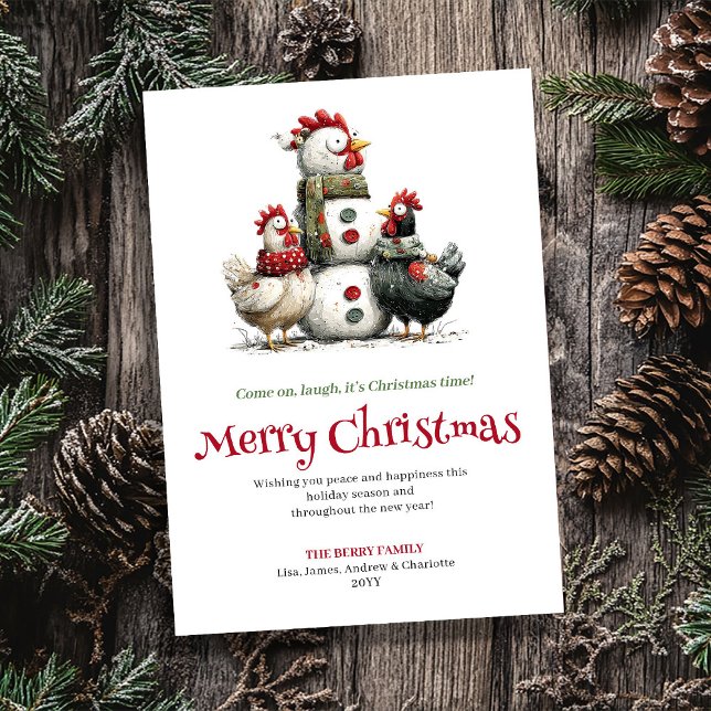 Tarjeta de Felicitación de Navidad de Gallinas Exc (Minimalist Quirky Chickens Christmas Greeting Card)
