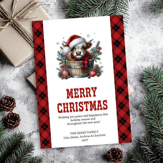 Tarjeta de felicitación de Navidad editable de vac (Highland cow Christmas greeting editable card)