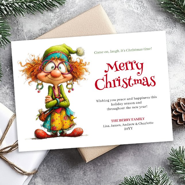 Tarjeta de Felicitación de Navidad Editable Mujer  (Crazy Cartoon Woman Editable Xmas Greeting Card)