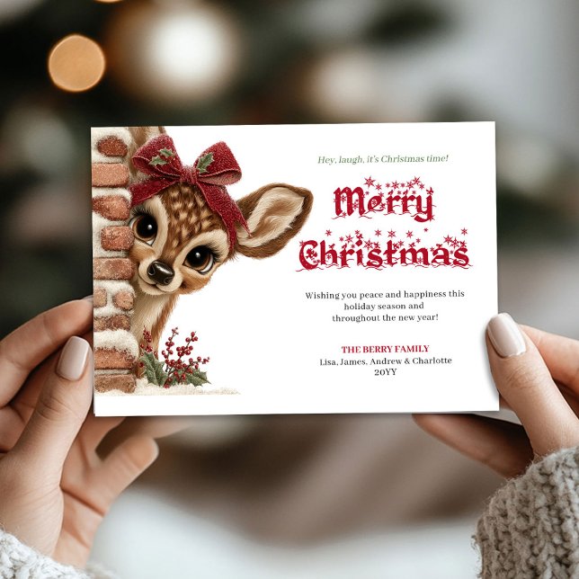 Tarjeta de felicitación de Navidad encantadora con (Charming Christmas peeking reindeer greeting card)