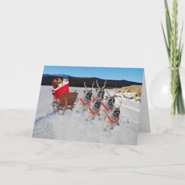 Tarjeta de felicitación de navidades Pug Sleigh (Anverso)