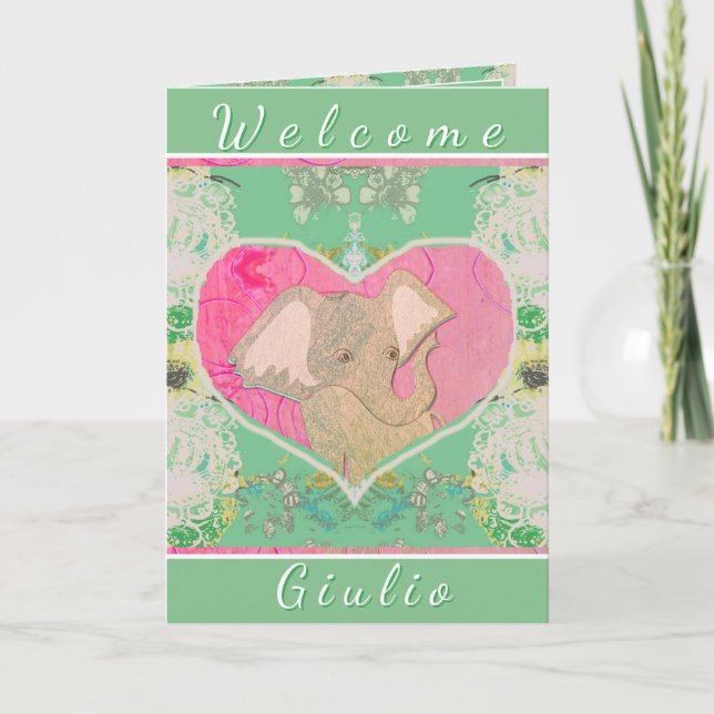 Tarjeta de felicitación de nuevo bebé con elefante (Anverso)