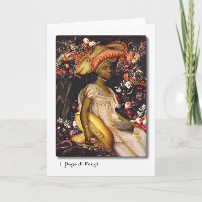 Tarjeta de felicitación de Page di Fungi Tarot (Anverso)