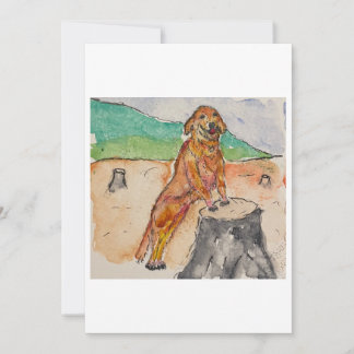 Tarjeta de Felicitación de Perro junto a un Tocón 