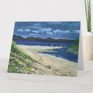 Tarjeta de felicitación de playa de arena y mar