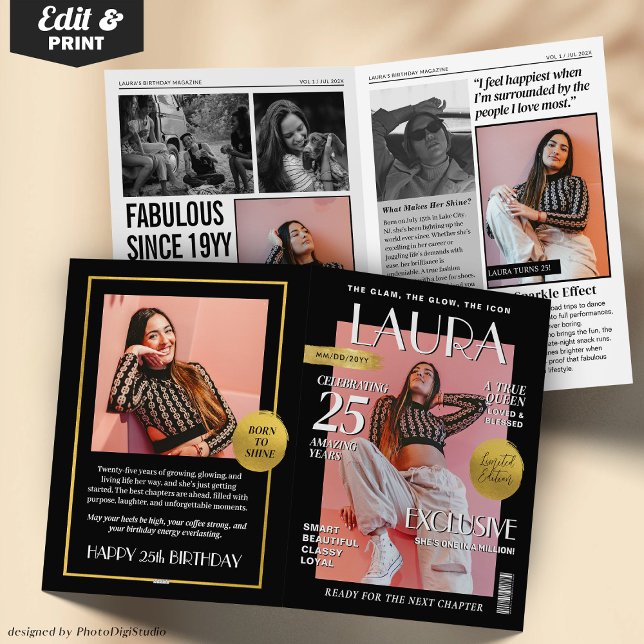 Tarjeta de felicitación de revista personalizada,  (Custom Magazine Greeting Card, Fun Modern Birthday Card)
