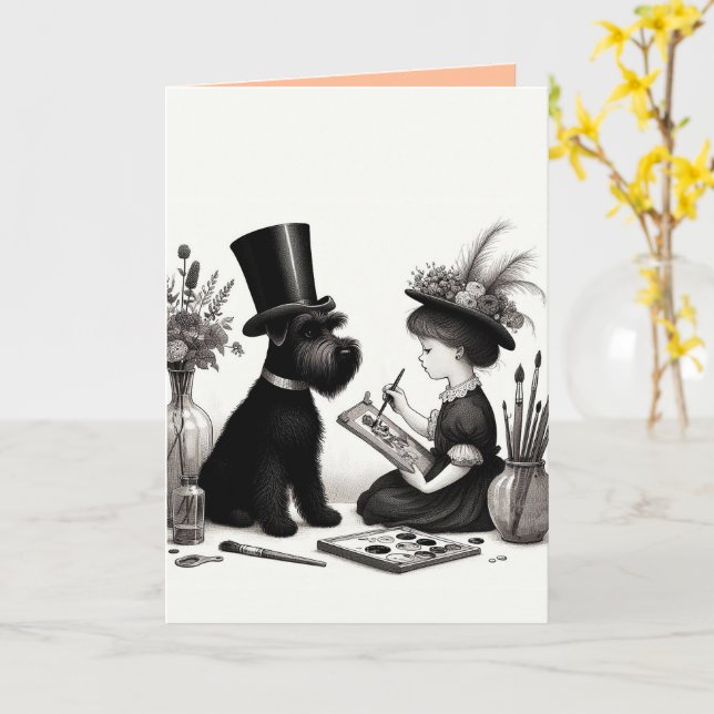 Tarjeta de felicitación de Schnauzer doblada (flor amarilla)