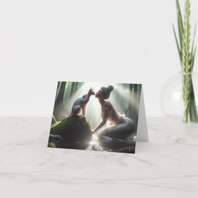 Tarjeta de felicitación de sirena besando a Sphynx (Anverso)