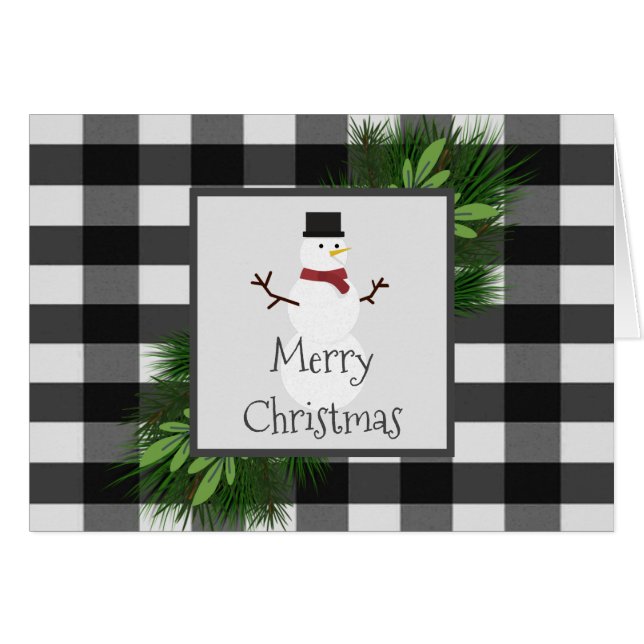 Tarjeta de felicitación de Snowman Buffalo Plaid (Anverso (Horizontal))