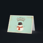 Tarjeta de felicitación de Snowman para Navidades<br><div class="desc">¿Preparándote para enviar todos tus Navidades y tarjetas de felicitación de vacaciones? Esta tarjeta de felicitación de navidades retro es la forma perfecta de darle un poco más de dinero a tu correo este año! En esta nevada tarjeta de saludo de escena están incluidos navidades snowman, navidades brochas de franqueo!...</div>