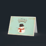 Tarjeta de felicitación de Snowman para Navidades<br><div class="desc">¿Preparándote para enviar todos tus Navidades y tarjetas de felicitación de vacaciones? Esta tarjeta de felicitación de navidades retro es la forma perfecta de darle un poco más de dinero a tu correo este año! En esta nevada tarjeta de saludo de escena están incluidos navidades snowman, navidades brochas de franqueo!...</div>