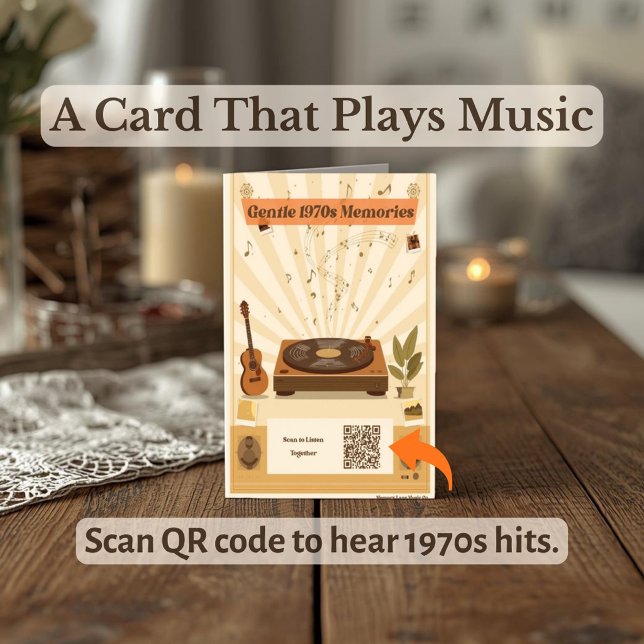 Tarjeta de Felicitación de Terapia Musical Nostálg (Give the gift of music with this 70s nostalgia QR code card for dementia and Alzheimer's care.)