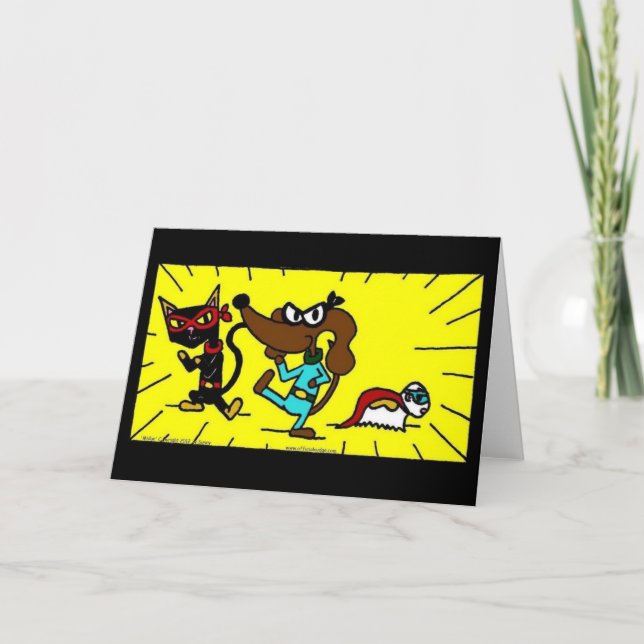 Tarjeta de felicitación de trío de superhéroes de  (Anverso)