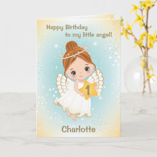 Tarjeta de felicitación de un año de pequeño ángel (flor amarilla)