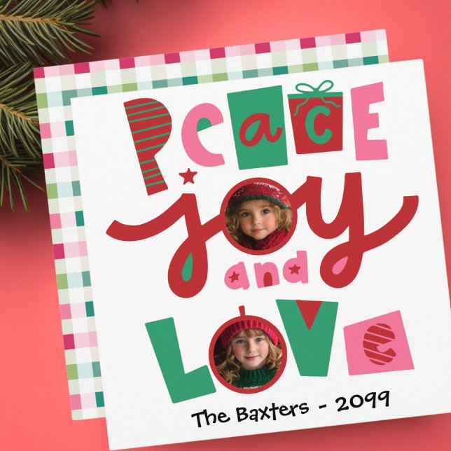 Tarjeta de Felicitación de Vacaciones Paz y Amor R (Retro Pink and Green Peace and Love Christmas Greeting Card)