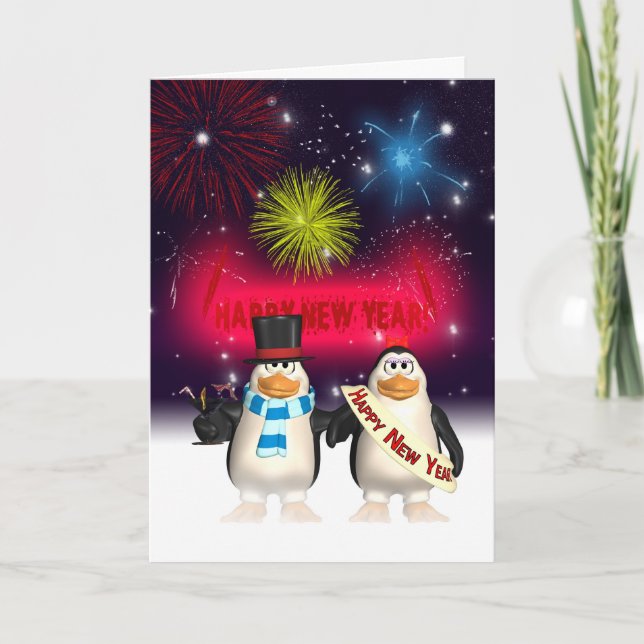 Tarjeta de felicitación del Año Nuevo - pingüinos (Anverso)