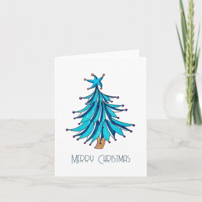 Tarjeta de felicitación del árbol de Navidad azul  (Anverso)