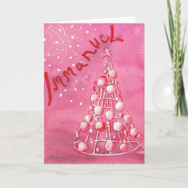 Tarjeta de felicitación del árbol de Navidad rosa  (Anverso)