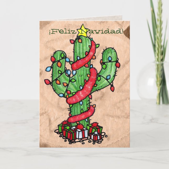 Tarjeta de felicitación del cactus de navidad (Anverso)