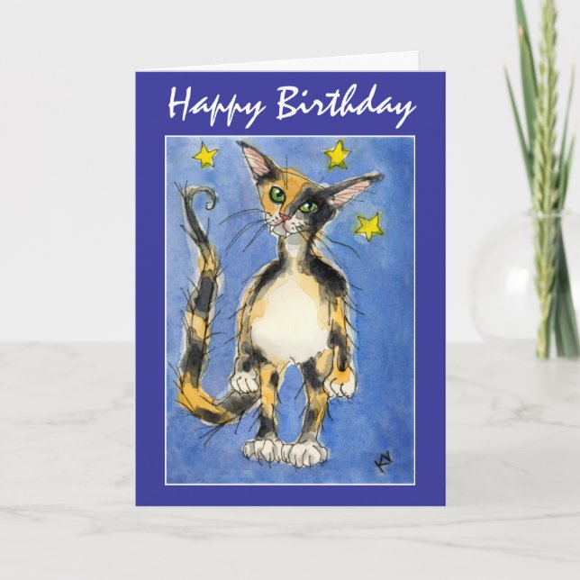 Tarjeta de felicitación del gato azul de cumpleaño (Anverso)