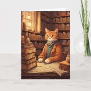 tarjeta de felicitación del gato de la biblioteca