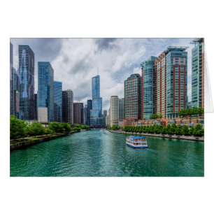 Tarjeta de felicitación del río Chicago y la Torre