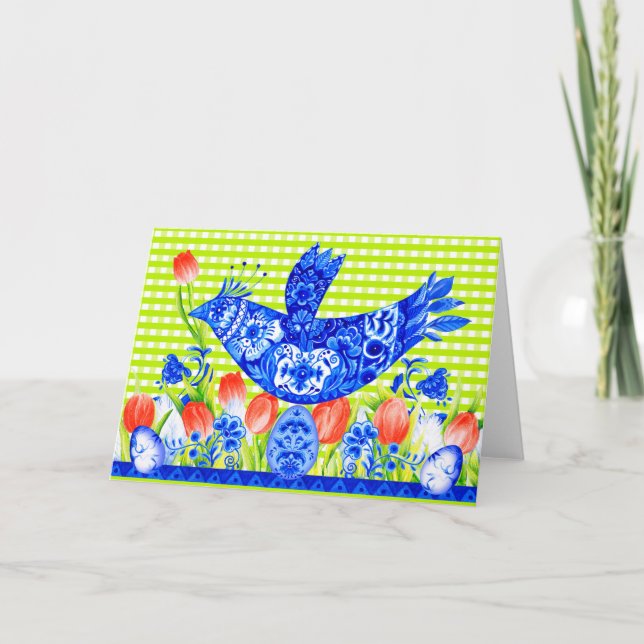 Tarjeta de felicitación Delft Bluebird y Tulips (Anverso)