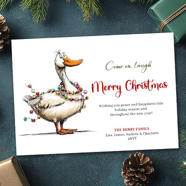 Tarjeta de Felicitación Divertida de Navidad con u (Christmas Funny Cartoon Goose Whimsy Greeting Card)