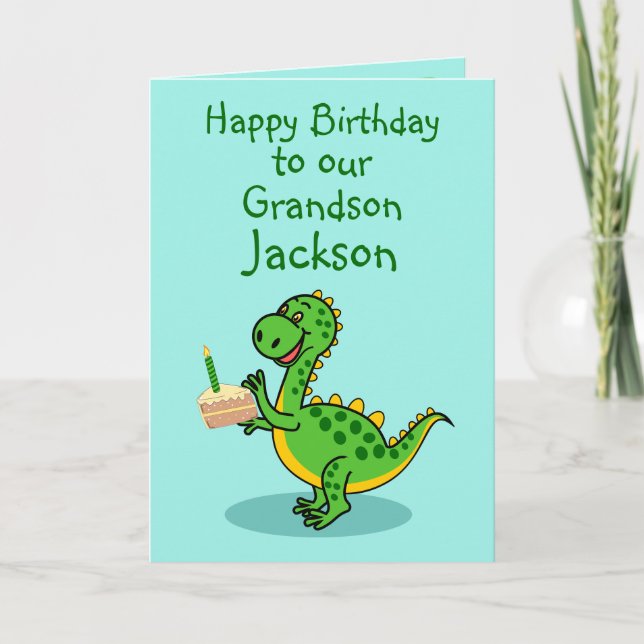 Tarjeta de felicitación doblada al nieto de dinosa (Anverso)