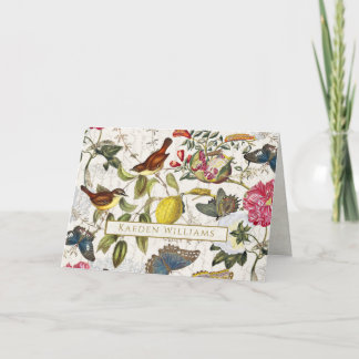 Tarjeta de felicitación doblada botánica para aves