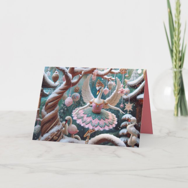 Tarjeta de felicitación doblada con cisnes bailari (Anverso)