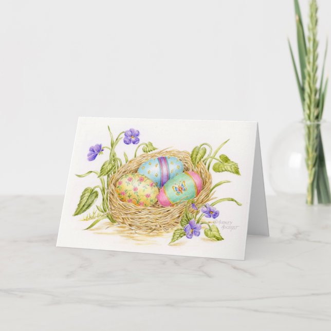 Tarjeta de felicitación doblada con huevo de Pascu (Anverso)