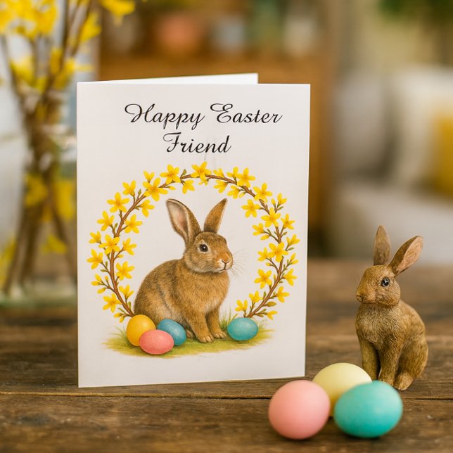 Tarjeta de felicitación doblada de Pascua feliz am (Rustic Easter card scene with bunny figurine, pastel eggs, and forsythia on warm pine table.)