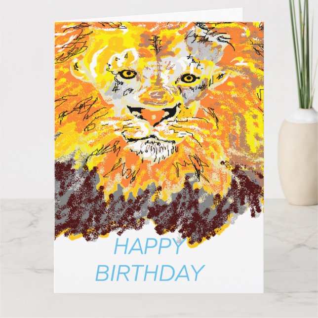 Tarjeta de felicitación doblada: León de cumpleaño (Anverso)