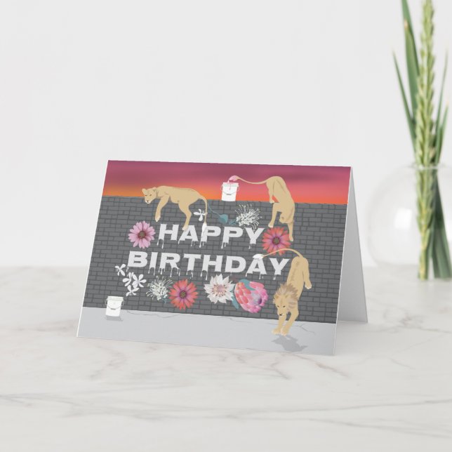Tarjeta de felicitación doblada "Pintando leones" (Anverso)