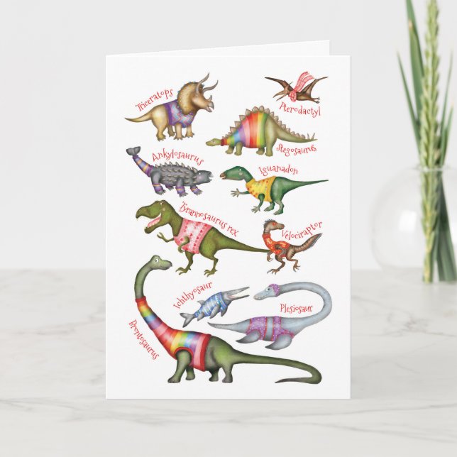 Tarjeta de felicitación en blanco con dinosaurios  (Anverso)