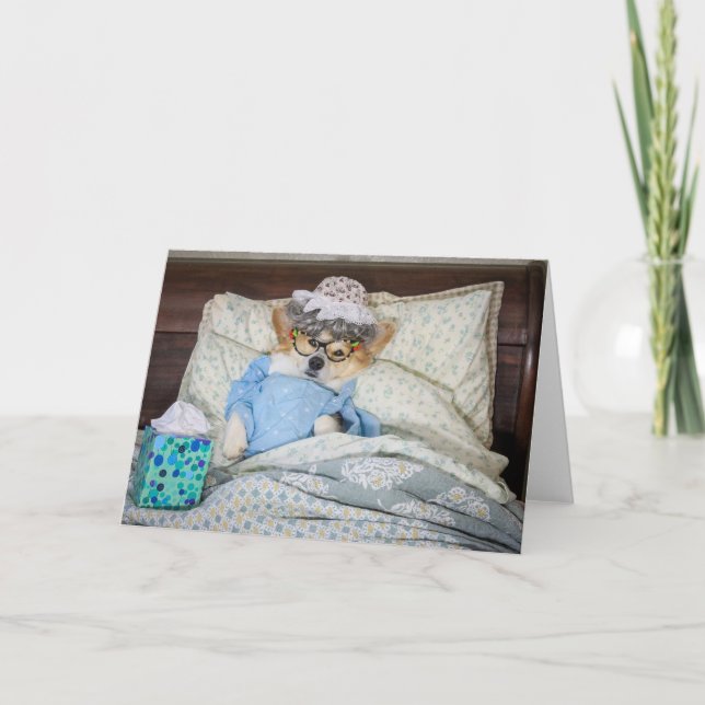 Tarjeta de felicitación en blanco de Corgi en cama (Anverso)