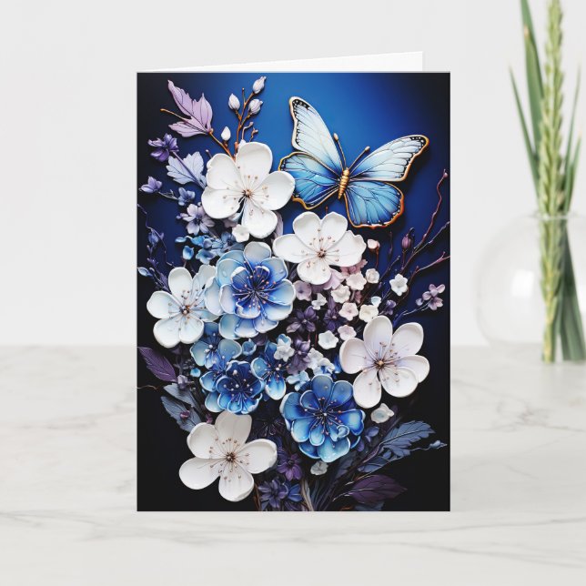 Tarjeta de felicitación en blanco de mariposas y f (Anverso)