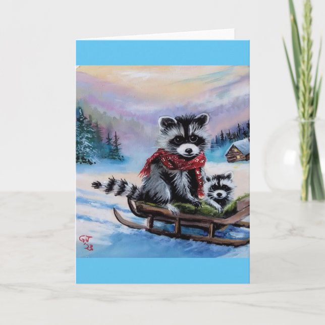 Tarjeta de felicitación en blanco Raccoon sledding (Anverso)