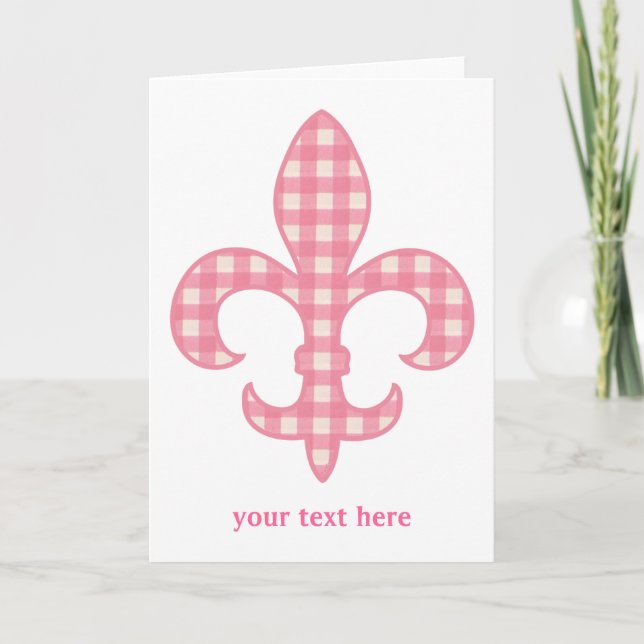 Tarjeta de felicitación Fleur de lis Pink Gingham (Anverso)