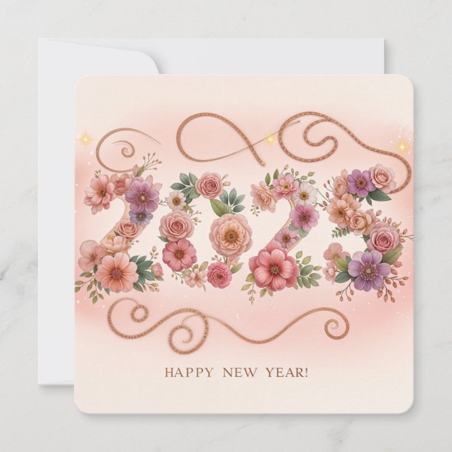Tarjeta de felicitación floral de Año Nuevo 2025 (Anverso)