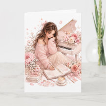 Tarjeta de felicitación floral de piano rosa suave