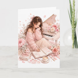 Tarjeta de felicitación floral de piano rosa suave