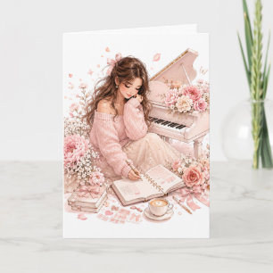 Tarjeta de felicitación floral de piano rosa suave