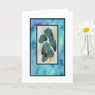 Tarjeta de felicitación floral dorada y azul verdo