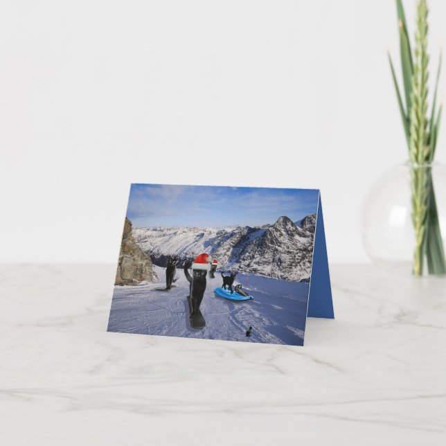Tarjeta de felicitación Gatos negros en snowboards (Anverso)