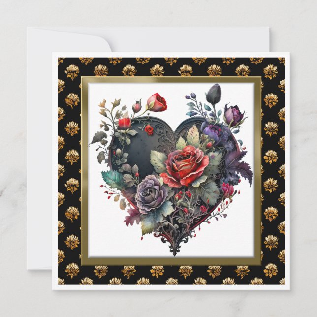 Tarjeta de felicitación gótica rosa rojo y corazón (Anverso)