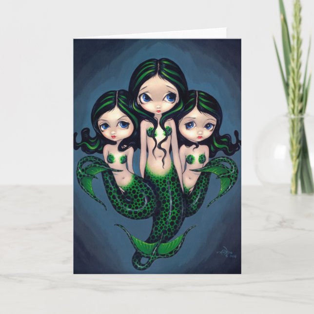 Tarjeta de felicitación "Green Mermaid Triplets" (Anverso)