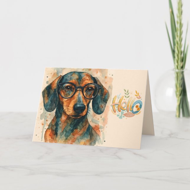 Tarjeta de Felicitación Hola Dachshund Acuarela (Anverso)